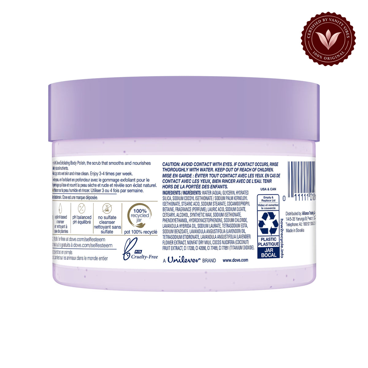 Dove Exfoliating Body Polish Crushed Lavender & Coconut Milk 298g — alternate product view, centered on white background
