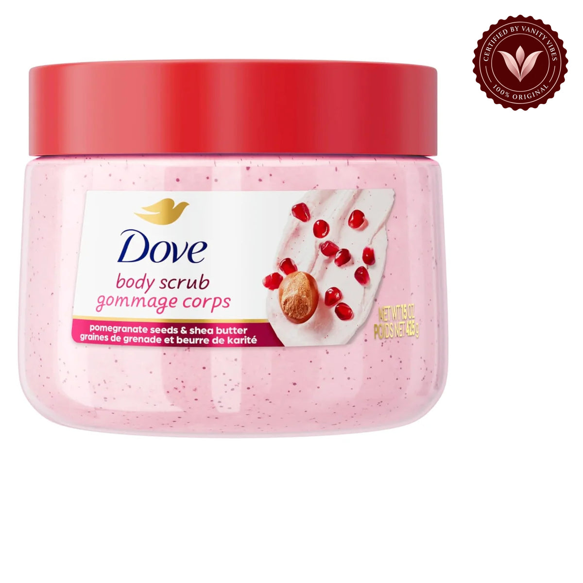 Dove Exfoliating Body Scrub Pomegranate Seeds & Shea Butter 425g - Gommage Corps Body Polish for Smooth & Soft Skin — front view, white background