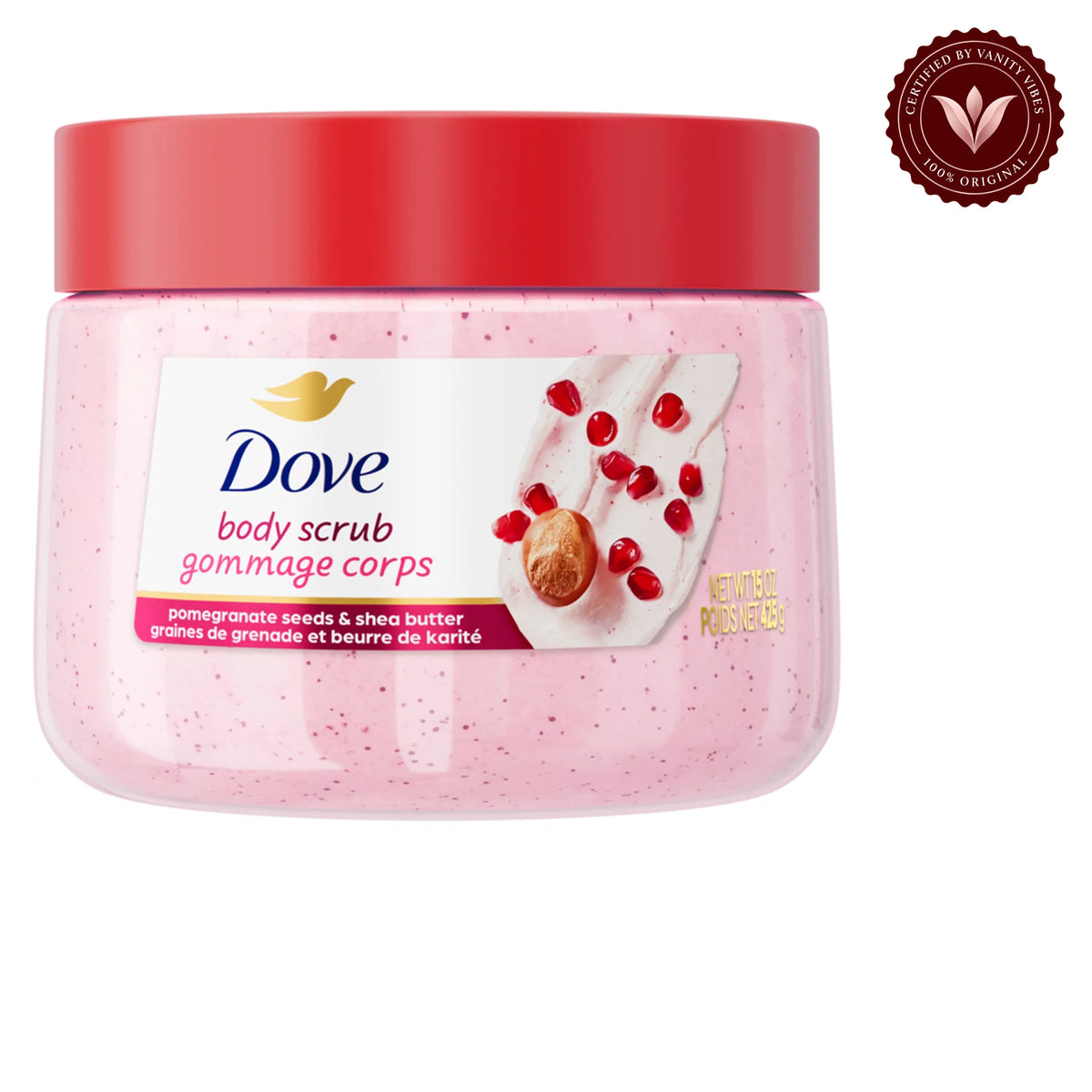 Dove Exfoliating Body Scrub Pomegranate Seeds & Shea Butter 425g - Gommage Corps Body Polish for Smooth & Soft Skin — alternate view, white background