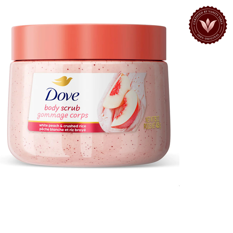 Dove Exfoliating Body Scrub White Peach & Crushed Rice 425g - Gommage Corps Body Polish for Smooth & Soft Skin — front view, white background