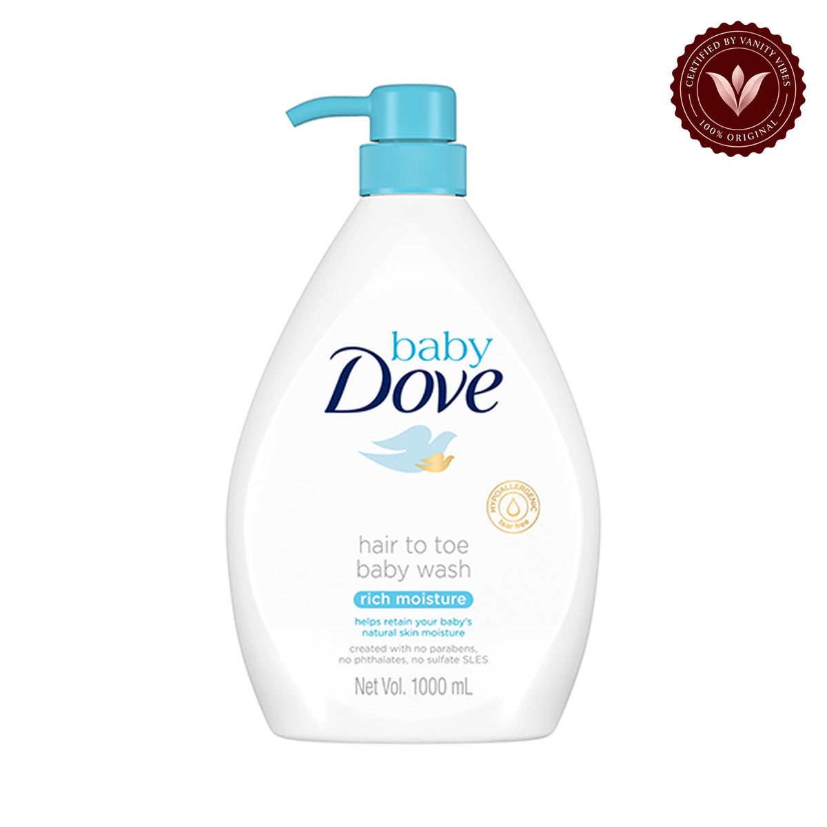 Baby Dove Rich Moisture Hair to Toe Baby Wash 1000ml - Gentle Nourishing Body & Hair Wash for Sensitive Baby Skin — front view, white background
