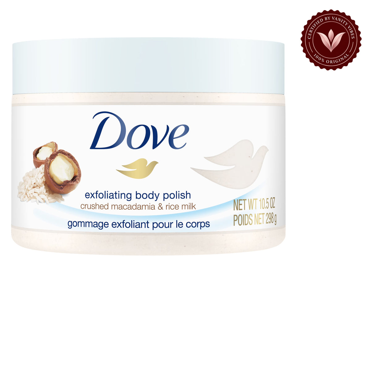Dove Exfoliating Body Polish Crushed Macadamia & Rice Milk 298g - Gommage Exfoliant Pour Le Corps for Smooth Soft Skin — front view, white background