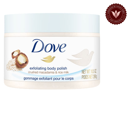 Dove Exfoliating Body Polish Crushed Macadamia & Rice Milk 298g - Gommage Exfoliant Pour Le Corps for Smooth Soft Skin — front view, white background
