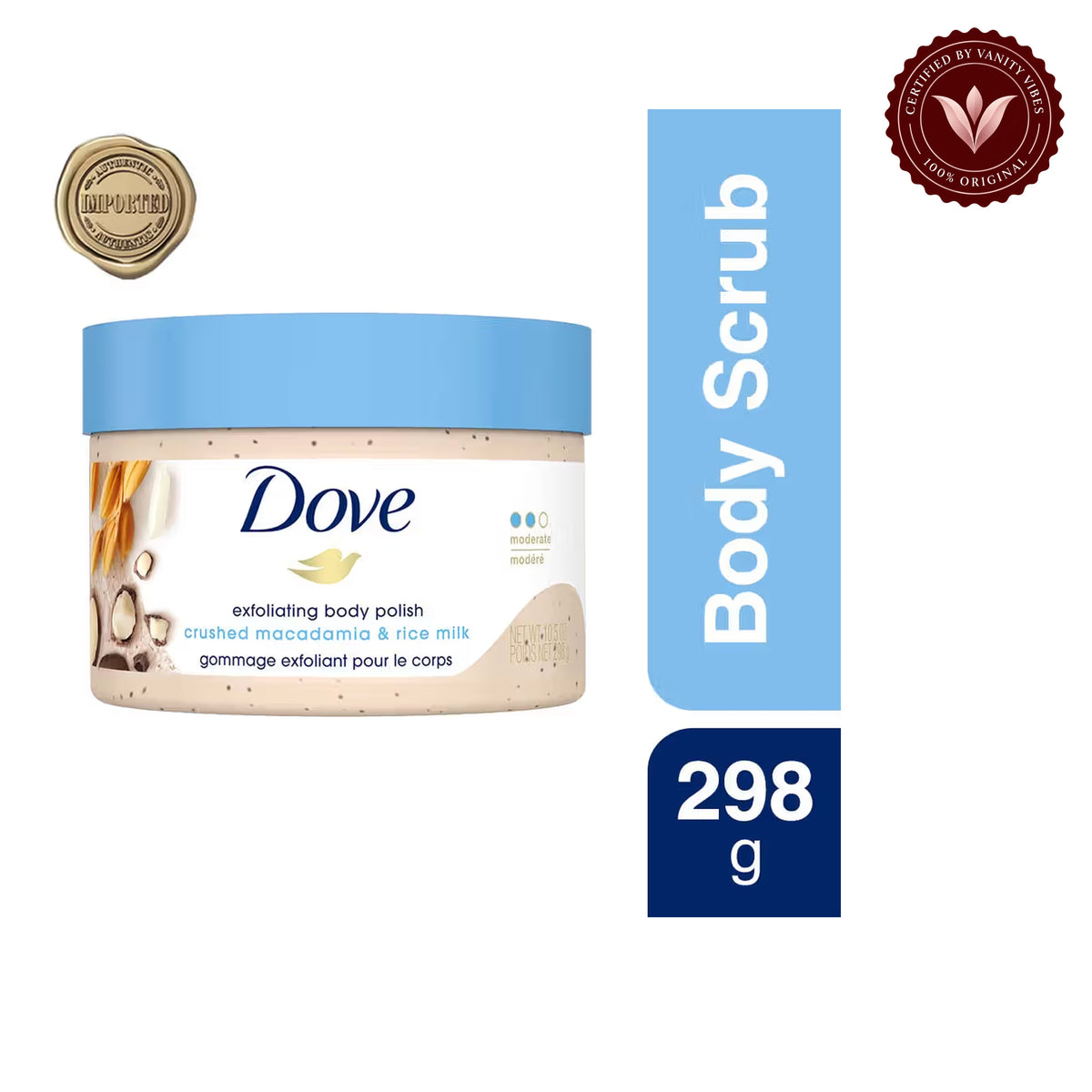Dove Exfoliating Body Polish Crushed Macadamia & Rice Milk 298g - Gommage Exfoliant Pour Le Corps for Smooth Soft Skin — alternate view, white background