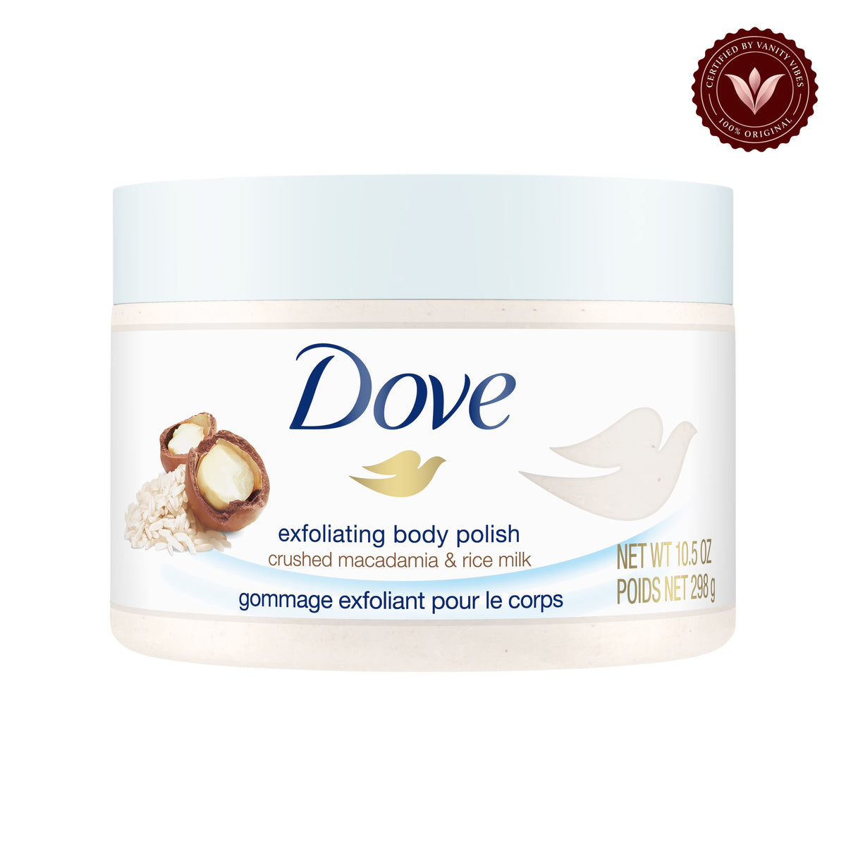 Dove Exfoliating Body Polish Crushed Macadamia & Rice Milk 298g — front product view, centered on white background
