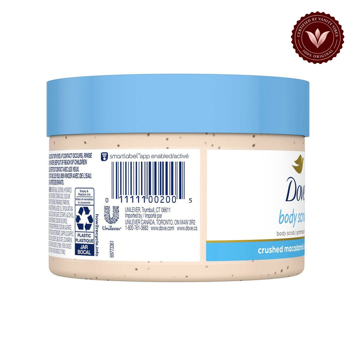 Dove Exfoliating Body Polish Crushed Macadamia & Rice Milk 298g — alternate product view, centered on white background