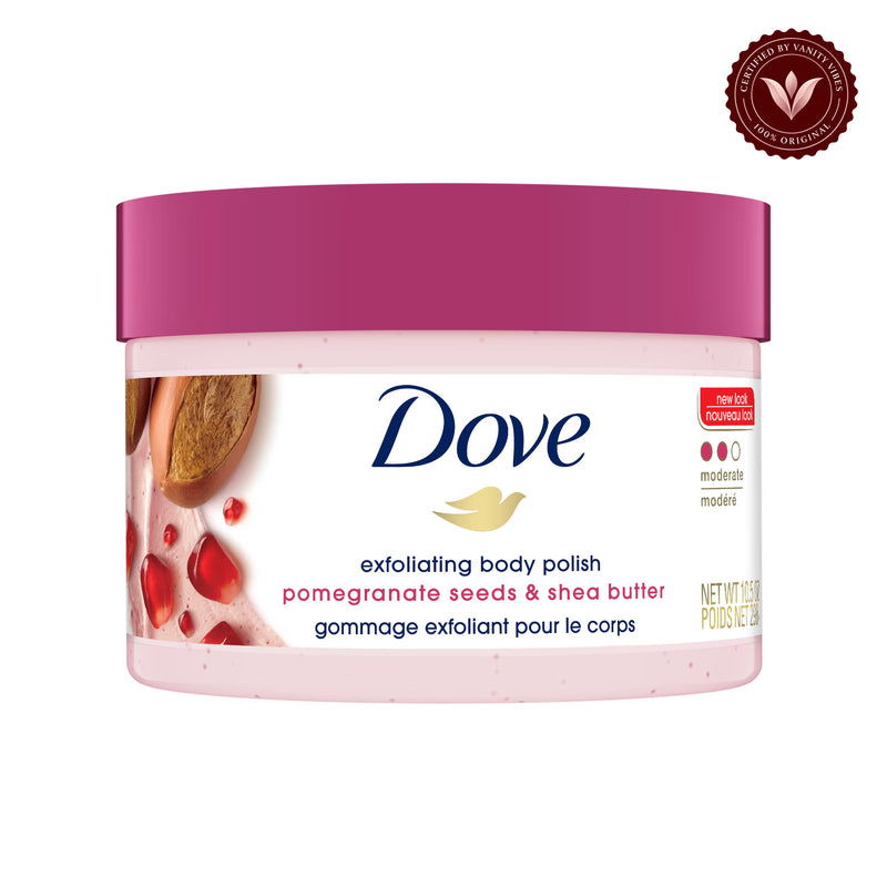 Dove Exfoliating Body Polish Pomegranate Seeds & Shea Butter 298g — front product view, centered on white background