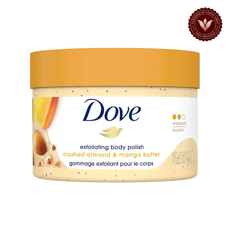 Dove Exfoliating Body Polish Crushed Almond & Mango Butter 298g — front product view, centered on white background