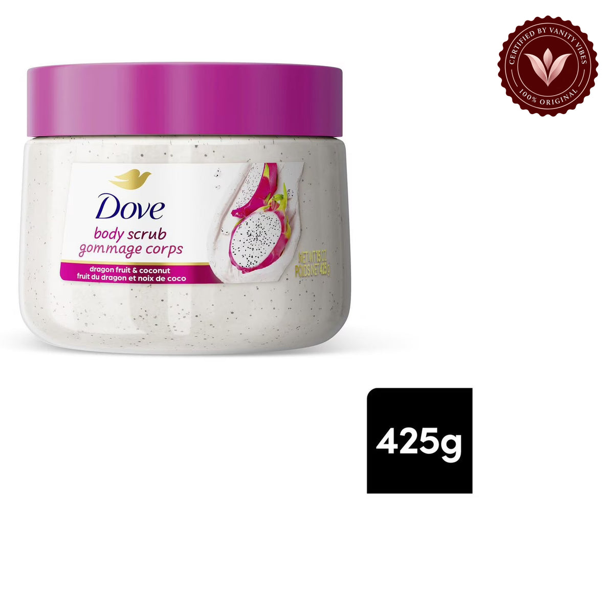Dove Exfoliating Body Scrub Dragon Fruit & Coconut 425g - Gommage Corps Body Polish for Smooth & Soft Skin — front view, white background