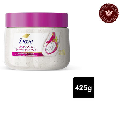 Dove Exfoliating Body Scrub Dragon Fruit & Coconut 425g - Gommage Corps Body Polish for Smooth & Soft Skin — front view, white background