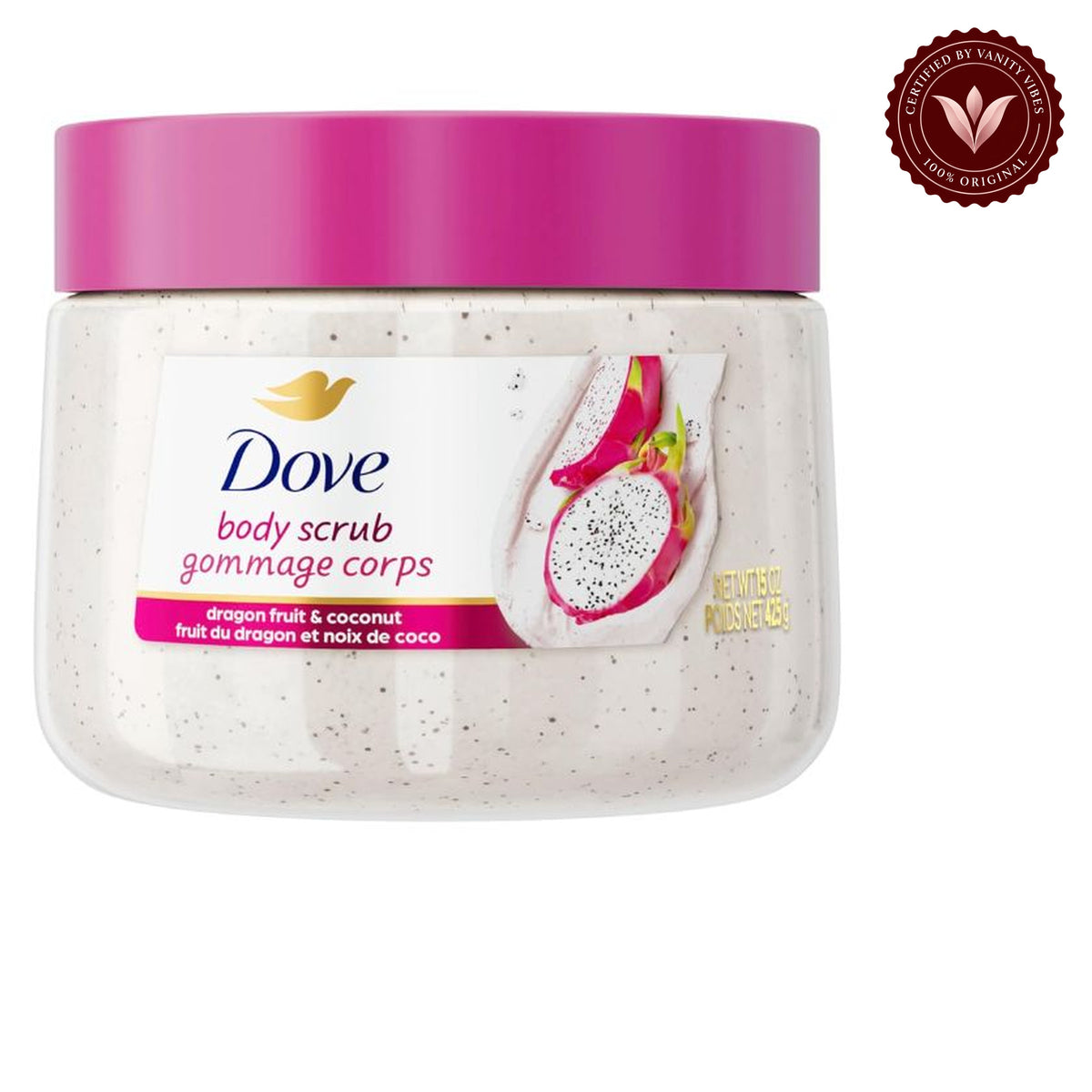 Dove Exfoliating Body Scrub Dragon Fruit & Coconut 425g - Gommage Corps Body Polish for Smooth & Soft Skin — alternate view, white background