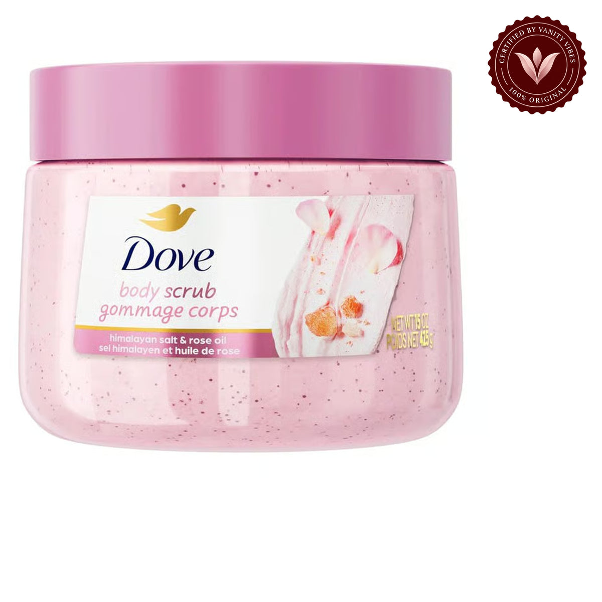 Dove Exfoliating Body Scrub Himalayan Salt & Rose Oil 425g - Gommage Corps Body Polish for Smooth & Soft Skin — front view, white background