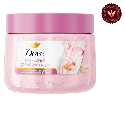 Dove Exfoliating Body Scrub Himalayan Salt & Rose Oil 425g - Gommage Corps Body Polish for Smooth & Soft Skin — front view, white background