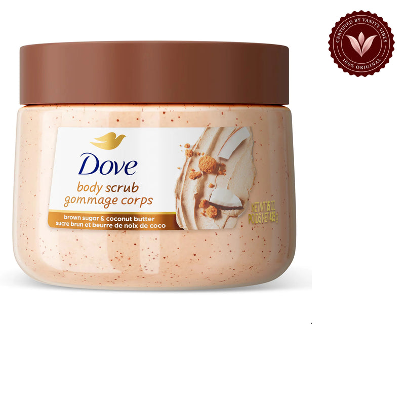 Dove Exfoliating Body Scrub Brown Sugar & Coconut Butter 425g - Gommage Corps Body Polish for Smooth & Soft Skin — front view, white background