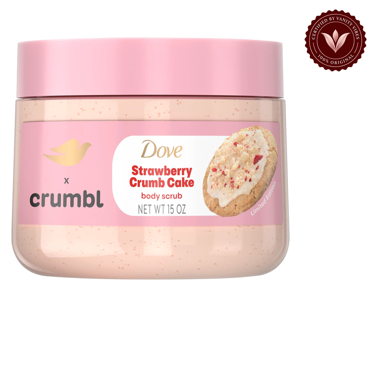 Dove x Crumbl Strawberry Crumb Cake Body Scrub 15oz - Exfoliating Body Polish for Smooth & Soft Skin — alternate view, white background