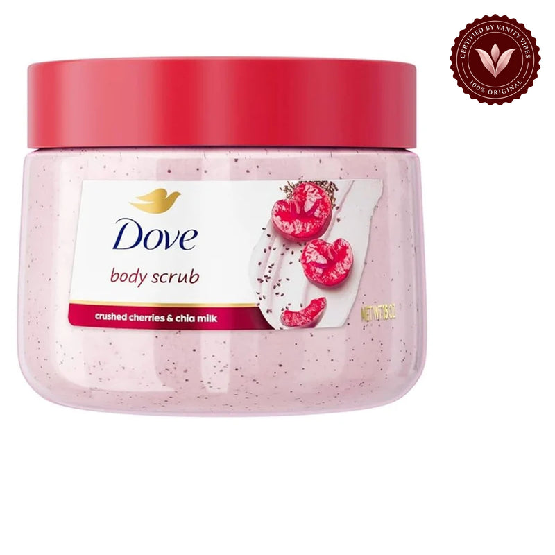 Dove Exfoliating Body Scrub Crushed Cherries & Chia Milk 15oz - Body Polish for Smooth, Soft & Glowing Skin — front view, white background