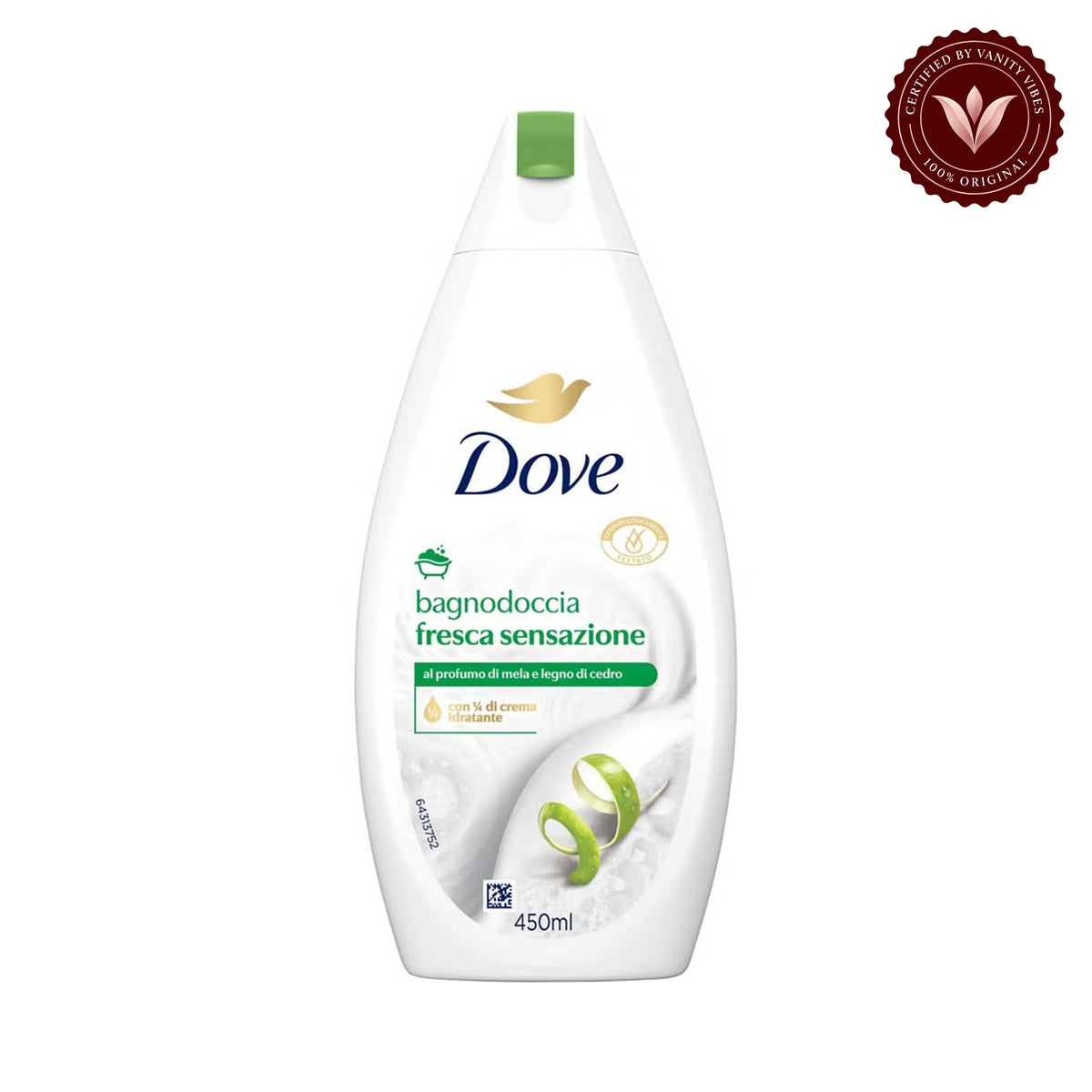 Dove Fresca Sensazione Moisturizing Shower Gel 450ml - Refreshing & Gentle Hydrating Body Wash for Smooth & Soft Skin — front view, white background