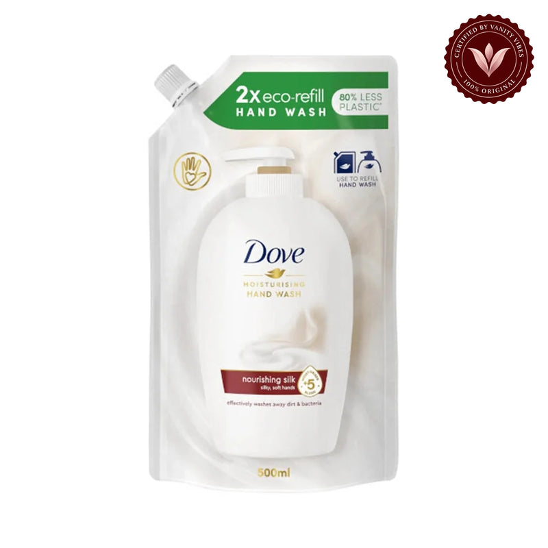 Dove 2X Eco Refill Moisturising Hand Wash Nourishing Silk 500ml - Gentle Cleansing Hand Soap for Soft, Smooth & Hydrated Hands — front view, white background