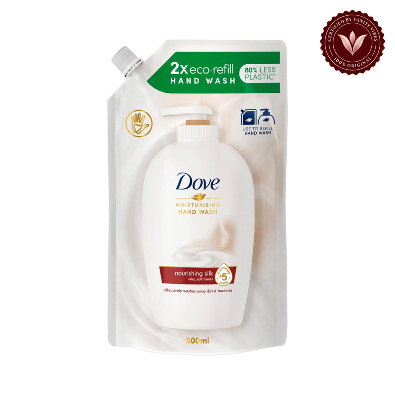 Dove 2X Eco Refill Moisturising Hand Wash Nourishing Silk 500ml - Gentle Cleansing Hand Soap for Soft, Smooth & Hydrated Hands — alternate view, white background