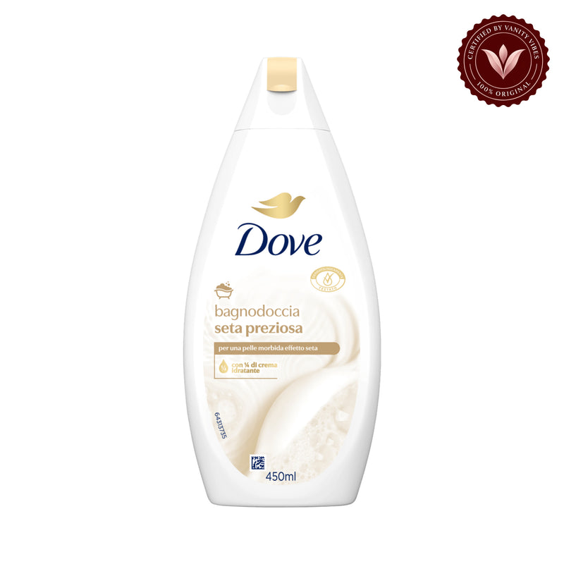 Dove Bagnodoccia Seta Preziosa Body Wash 450 ml - Nourishing Shower Gel for Soft, Smooth & Silky Radiant Skin — front view, white background