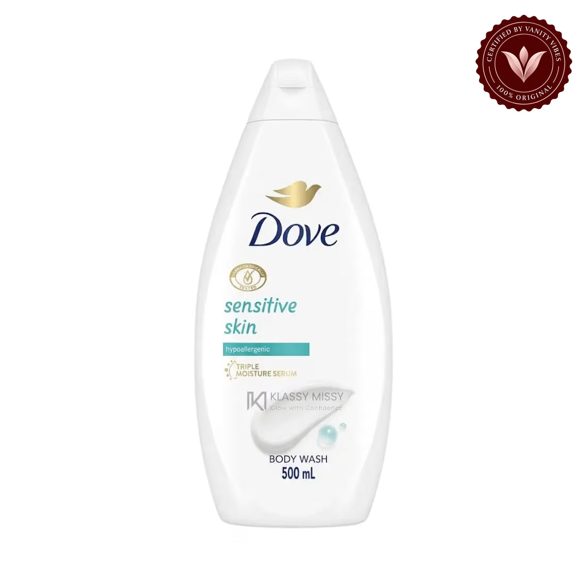 Dove Sensitive Skin Hypoallergenic Body Wash 500ml - Triple Moisture Serum for Gentle Care, Soft & Hydrated Skin — front view, white background
