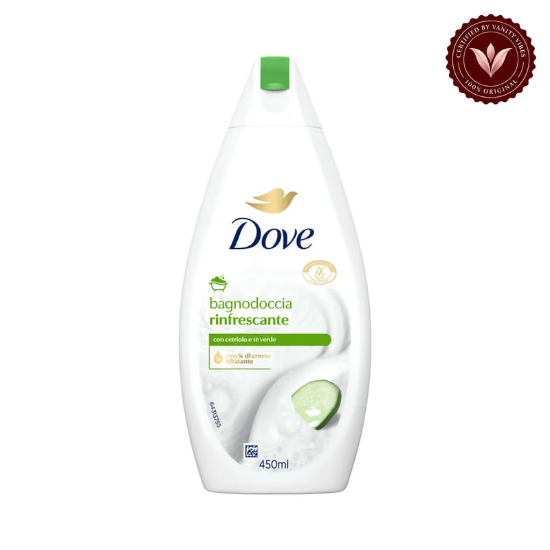 Dove Bagnodoccia Reinfrescante Body Wash 450ml - Refreshing Shower Gel for Soft, Smooth & Clean Hydrated Skin — front view, white background