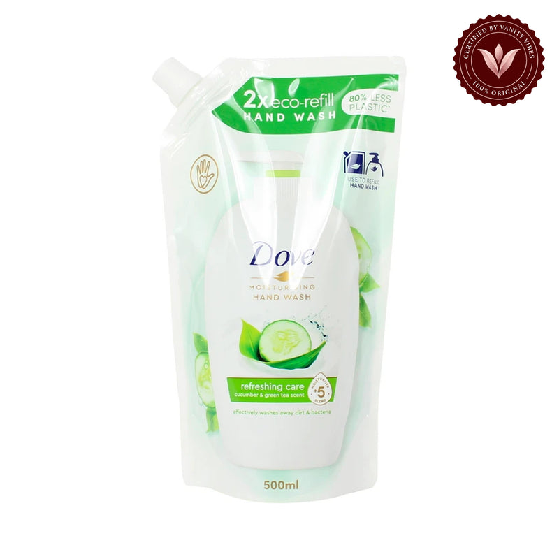 Dove 2X Eco Refill Moisturising Hand Wash Refreshing Care Cucumber & Green Tea Scent 500ml - Gentle Cleansing for Soft, Fresh & Hydrated Hands — front view, white background