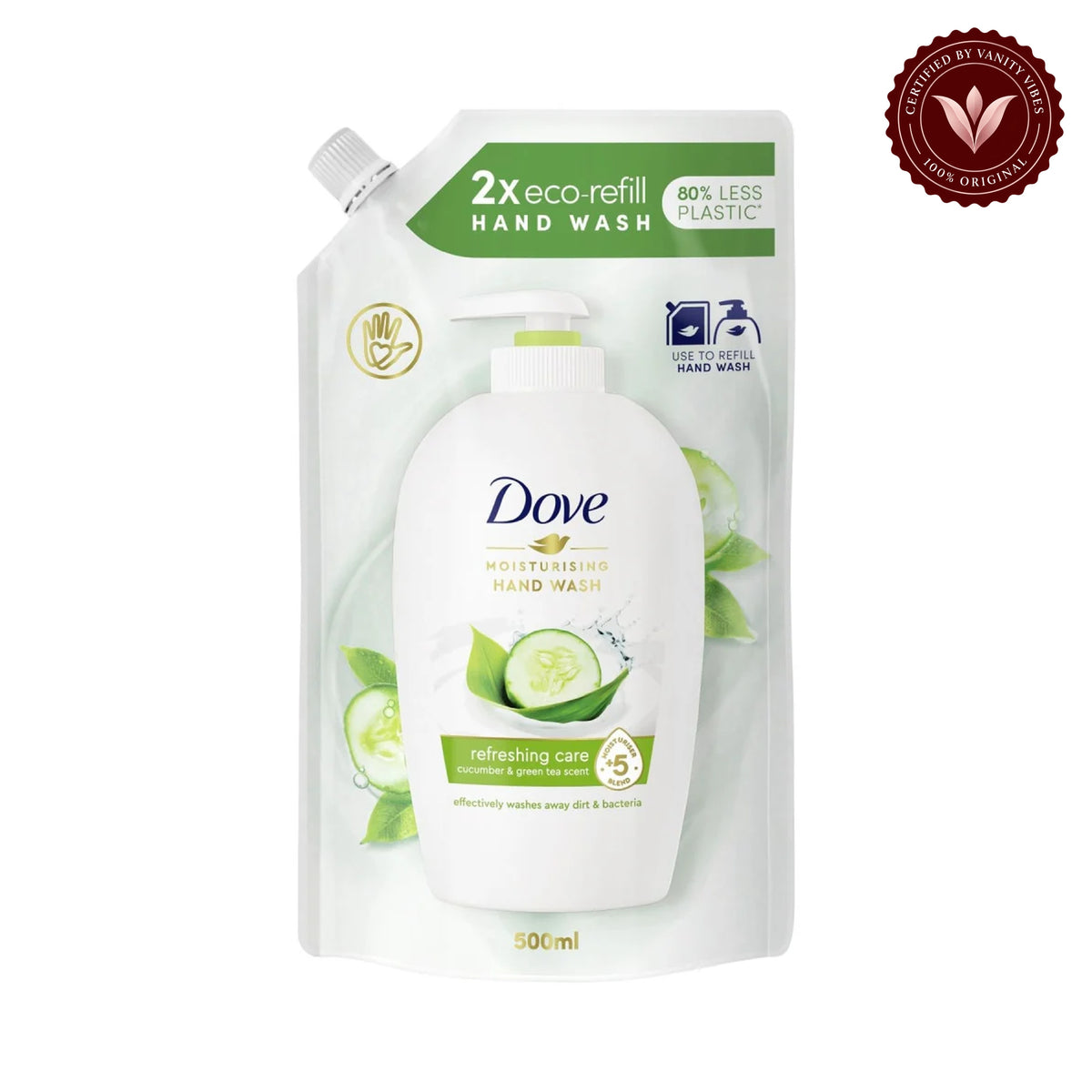 Dove 2X Eco Refill Moisturising Hand Wash Refreshing Care Cucumber & Green Tea Scent 500ml - Gentle Cleansing for Soft, Fresh & Hydrated Hands — alternate view, white background