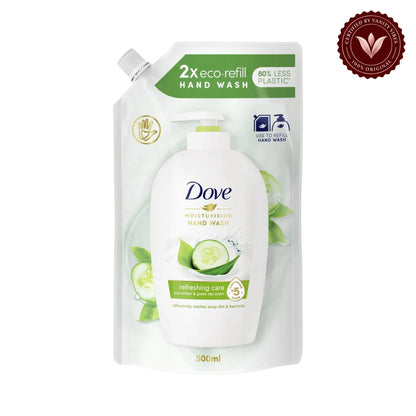 Dove 2X Eco Refill Moisturising Hand Wash Refreshing Care Cucumber & Green Tea Scent 500ml - Gentle Cleansing for Soft, Fresh & Hydrated Hands — alternate view, white background
