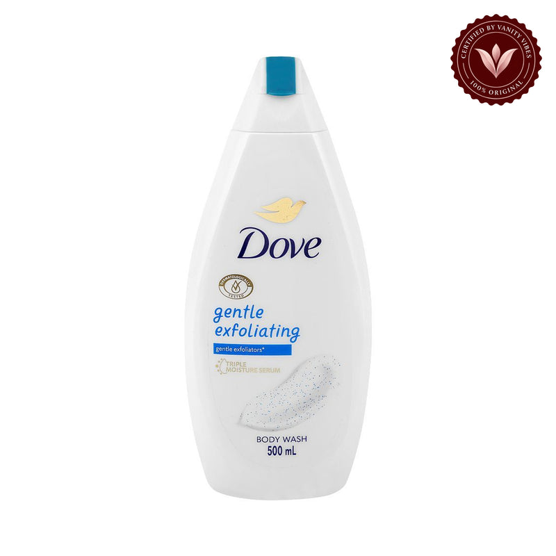 Dove Gentle Exfoliating Body Wash 500ml - Triple Moisture Serum with Gentle Exfoliators for Soft, Smooth & Glowing Skin — front view, white background