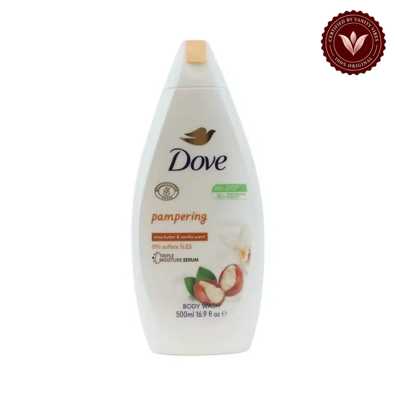 Dove Pampering Shea Butter & Vanilla Scent Body Wash 500ml - Triple Moisture Serum for Soft, Smooth & Nourished Skin — front view, white background