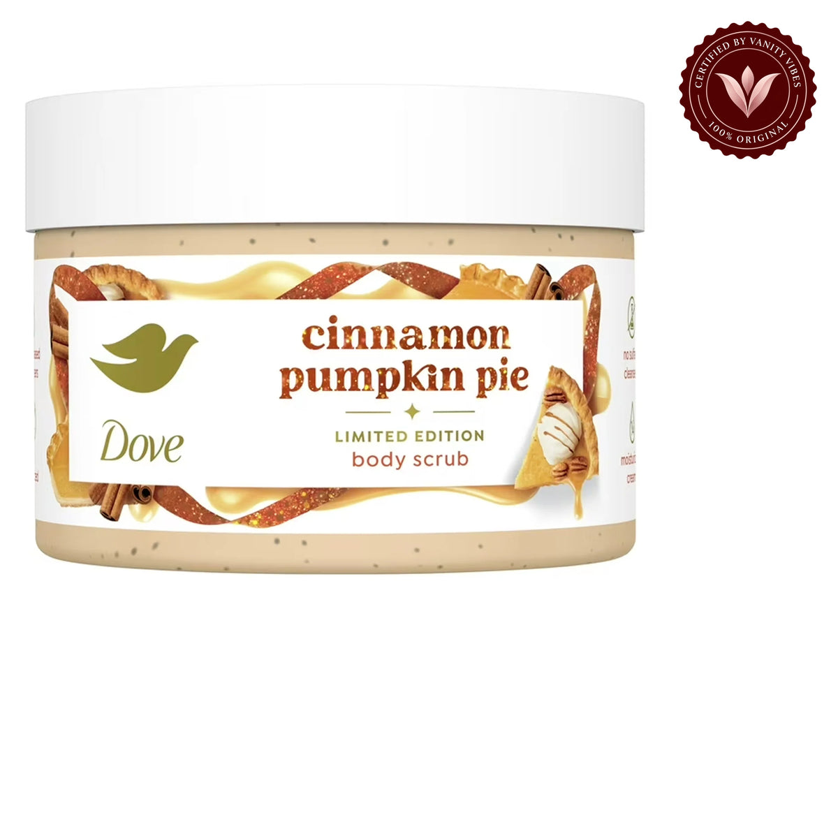 Dove Cinnamon Pumpkin Pie Body Scrub Limited Edition 298g - Deep Exfoliating Body Scrub for Smooth Soft Skin, Dead Skin Removal, Nourishing Moisture Care & Warm Seasonal Fragrance — front view, white background