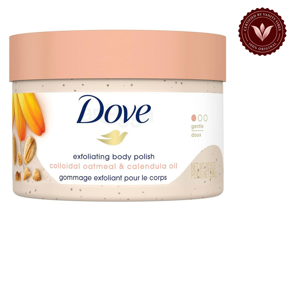 Dove Exfoliating Body Polish Scrub Colloidal Oatmeal & Calendula Oil 298g - Gentle Exfoliating Body Scrub for Sensitive Skin, Dead Skin Removal, Soothing Moisture Care & Soft Smooth Healthy Glow — front view, white background