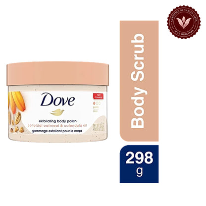 Dove Exfoliating Body Polish Scrub Colloidal Oatmeal & Calendula Oil 298g - Gentle Exfoliating Body Scrub for Sensitive Skin, Dead Skin Removal, Soothing Moisture Care & Soft Smooth Healthy Glow — alternate view, white background