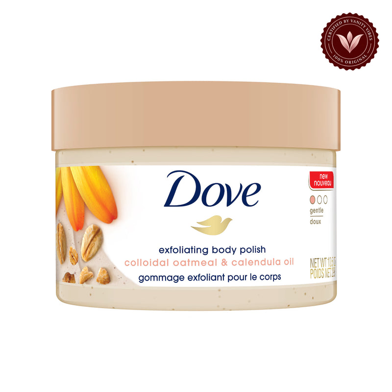 Dove Exfoliating Body Polish Scrub Colloidal Oatmeal & Calendula Oil 298g — front product view, centered on white background