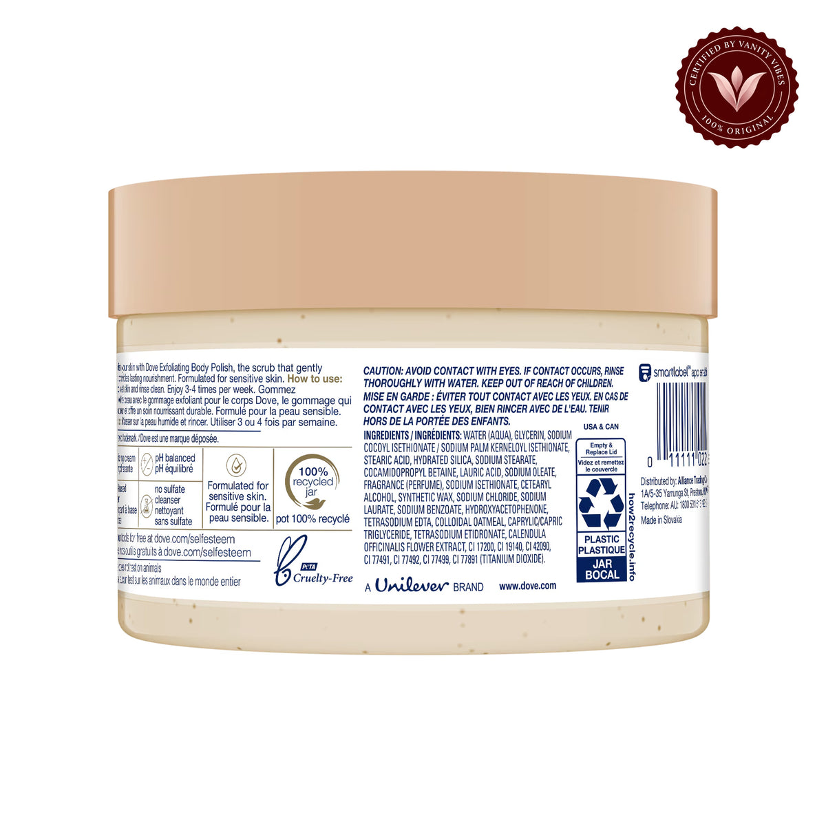 Dove Exfoliating Body Polish Scrub Colloidal Oatmeal & Calendula Oil 298g — alternate product view, centered on white background