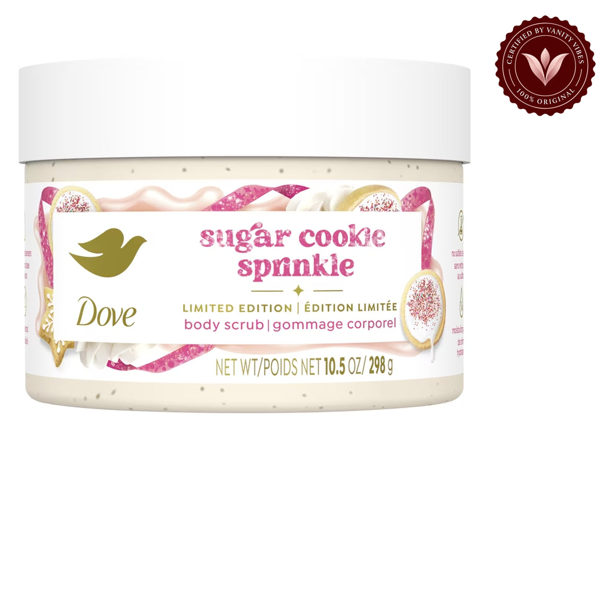 Dove Sugar Cookie Sprinkle Body Scrub Limited Edition 298g - Deep Exfoliating Body Scrub for Smooth Soft Skin, Dead Skin Removal, Nourishing Moisture Care & Sweet Bakery Fragrance — front view, white background