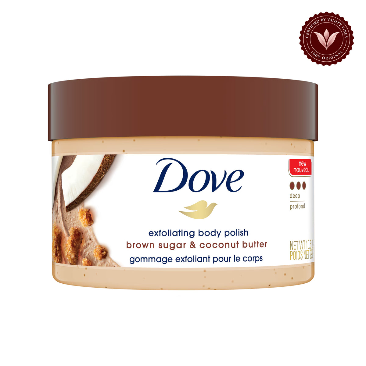 Dove Exfoliating Body Polish Scrub Brown Sugar & Coconut Butter 298g — front product view, centered on white background