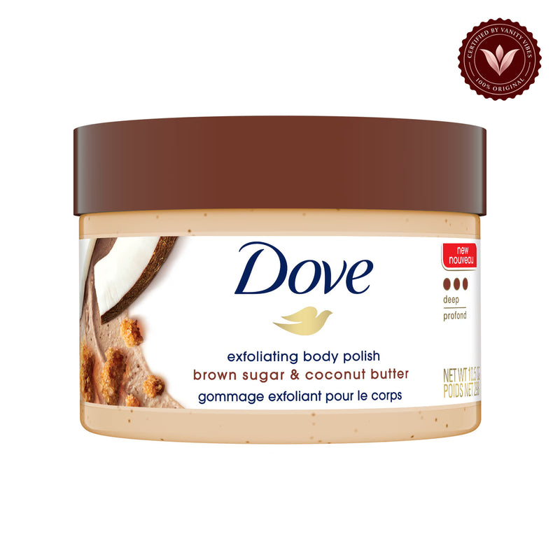 Dove Exfoliating Body Polish Scrub Brown Sugar & Coconut Butter 298g — front product view, centered on white background