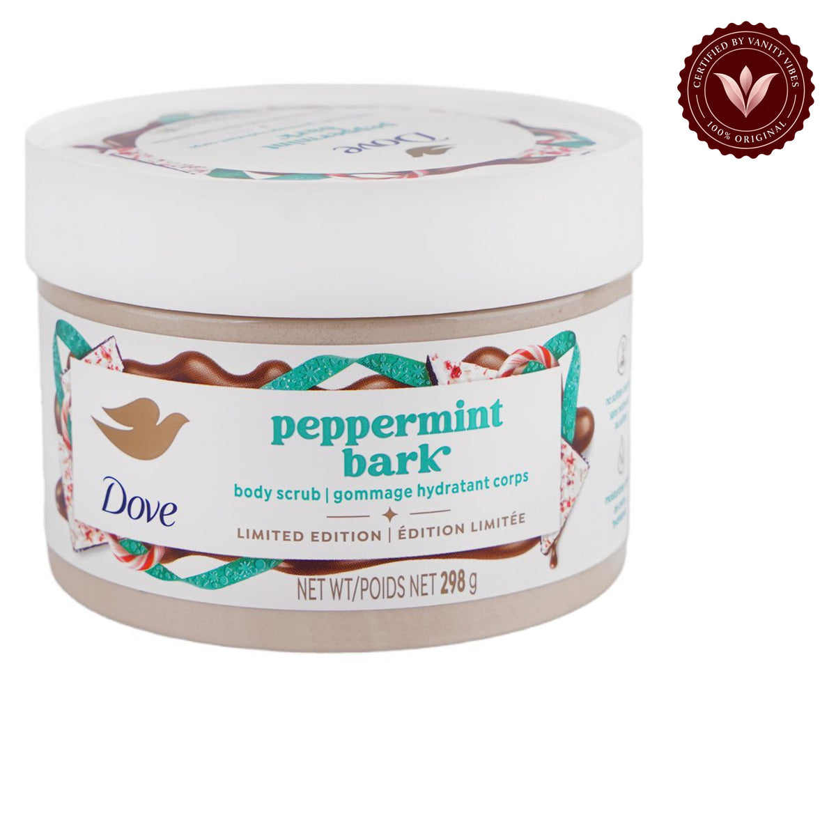Dove Peppermint Bark Body Scrub Limited Edition 298g - Deep Exfoliating Body Scrub for Smooth Soft Skin, Dead Skin Removal, Nourishing Moisture Care & Refreshing Peppermint Fragrance — front view, white background