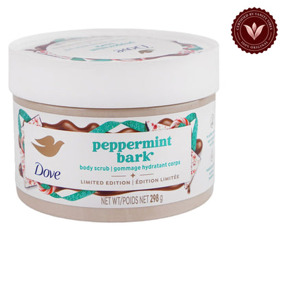 Dove Peppermint Bark Body Scrub Limited Edition 298g - Deep Exfoliating Body Scrub for Smooth Soft Skin, Dead Skin Removal, Nourishing Moisture Care & Refreshing Peppermint Fragrance — front view, white background