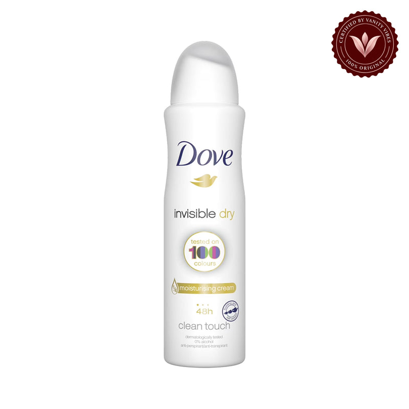 Dove Invisible Dry Clean Touch Antiperspirant Spray 150 ml Long Lasting Protection & Invisible Finish — front view, white background