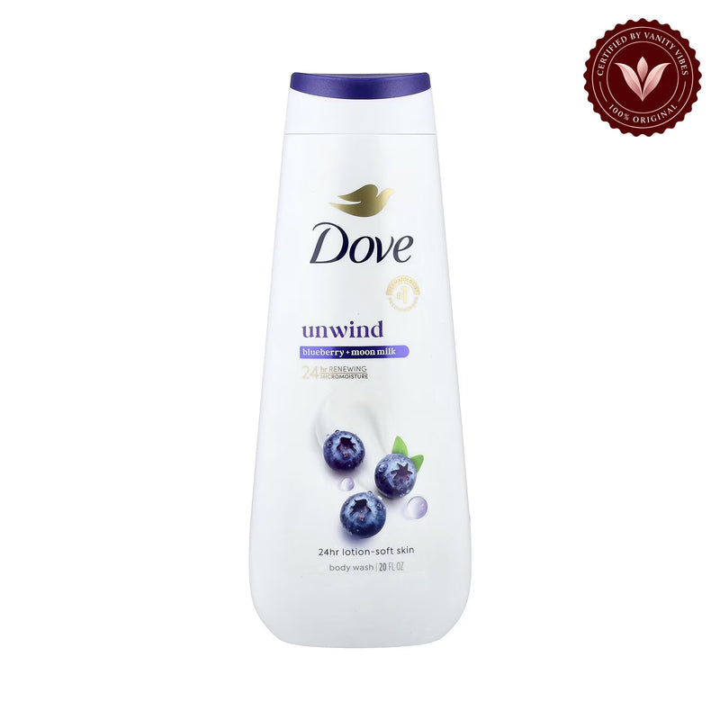 Dove Unwind Body Wash Blueberry + Moon Milk 20 fl oz-591ml — front view, white background