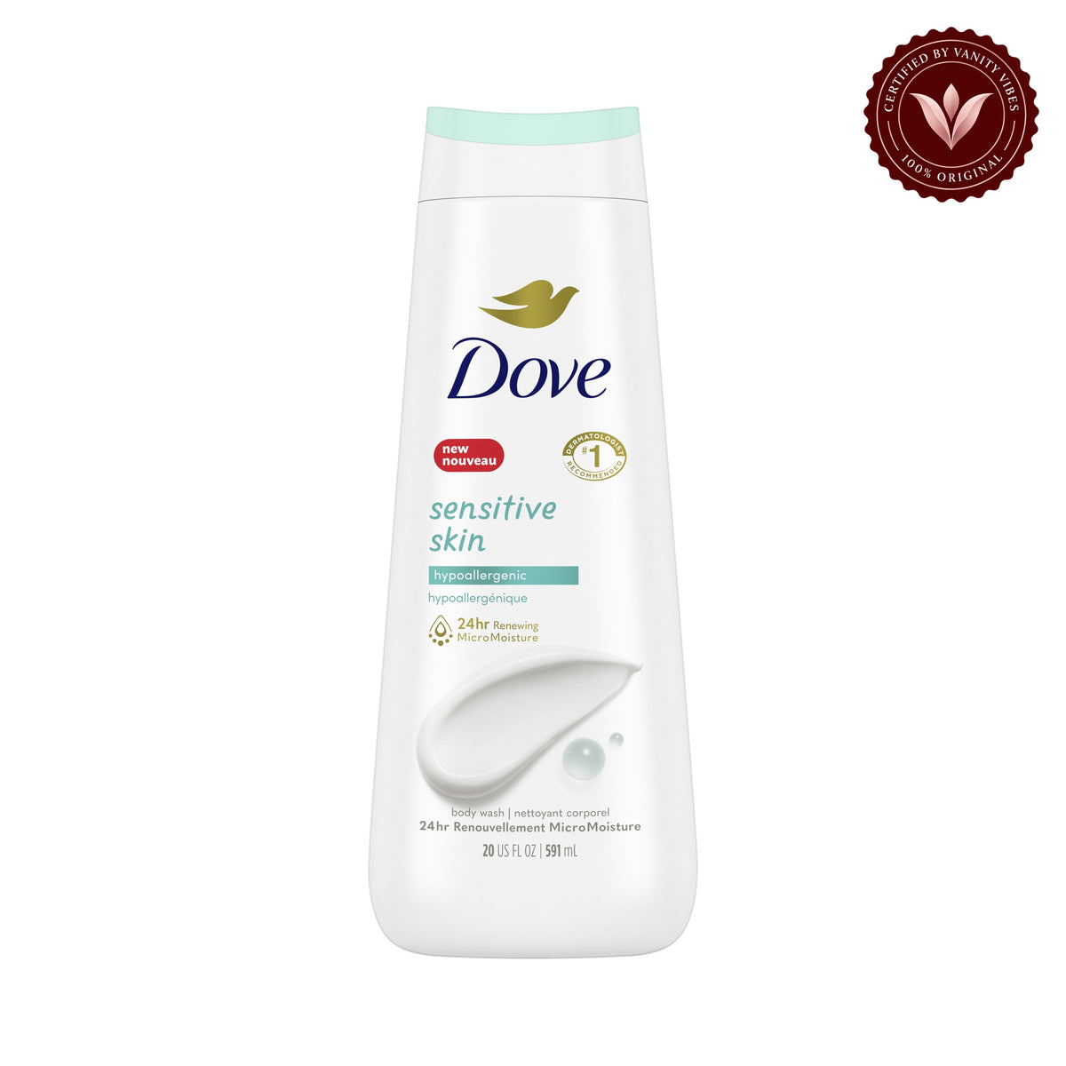 Dove Sensitive Skin Hypoallergenic Body Wash 20 fl oz-591ml — front view, white background
