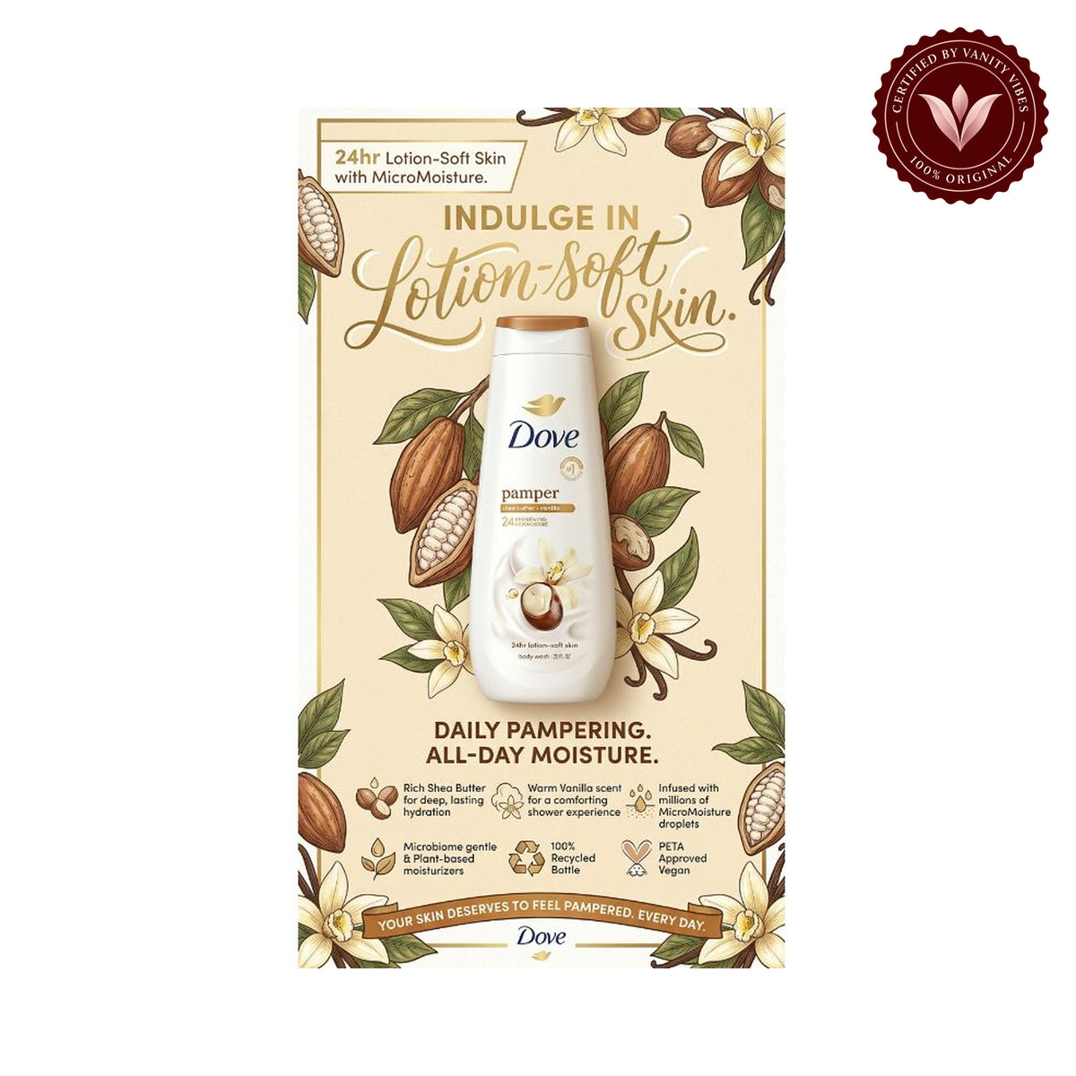 Dove, Pamper Body Wash, Shea Butter + Vanilla, 20 fl oz-591ml — alternate view, white background
