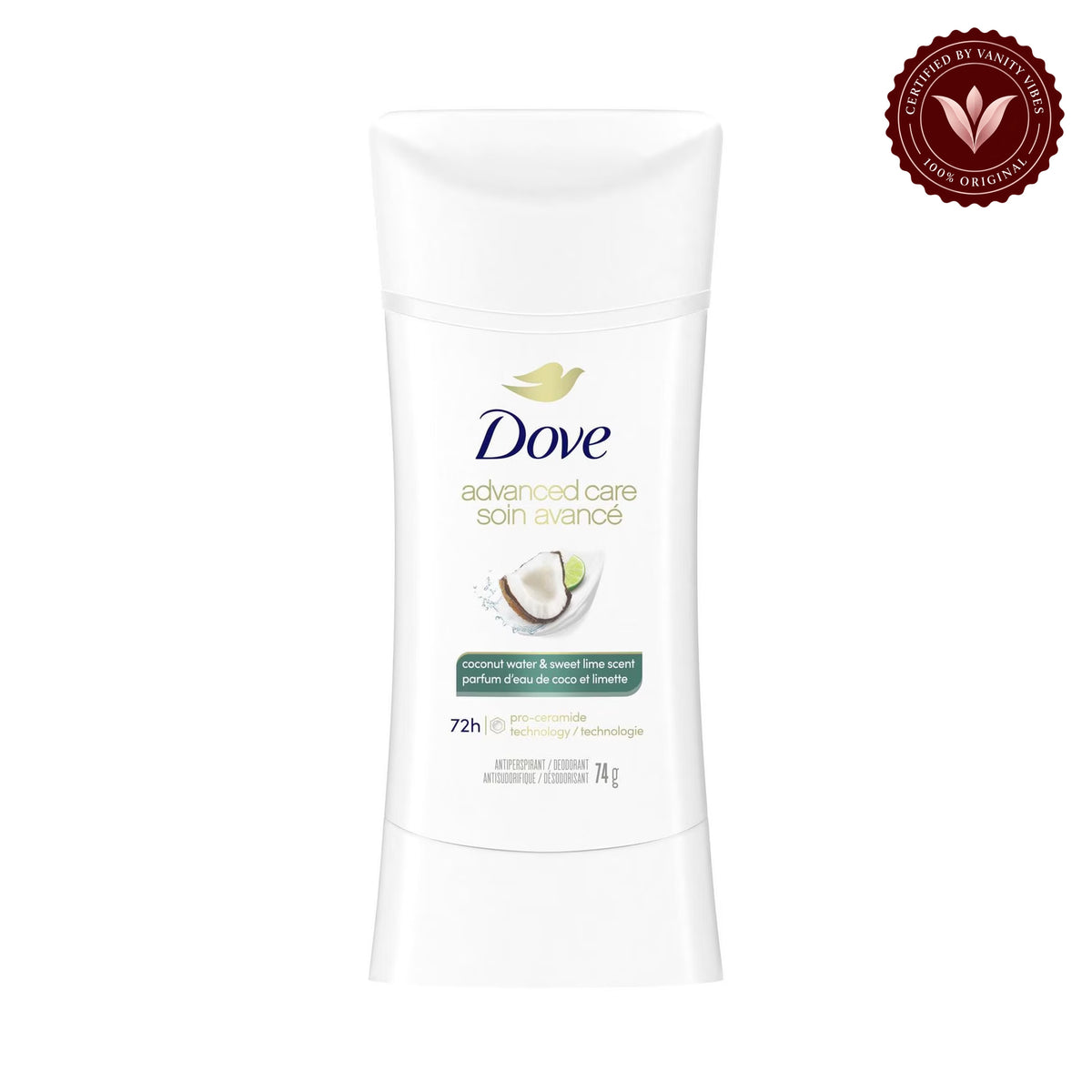 Dove Advanced Care Antiperspirant Stick Coconut Water & Sweet Lime Scent Deodorants 2.6Oz-(74g) — front view, white background