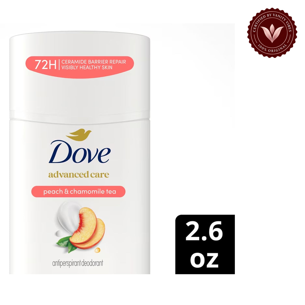 Dove Advanced Care Peach & Chamomile Tea Antiperspirant Stick Deodorant 2.6Oz-(74g) — front view, white background