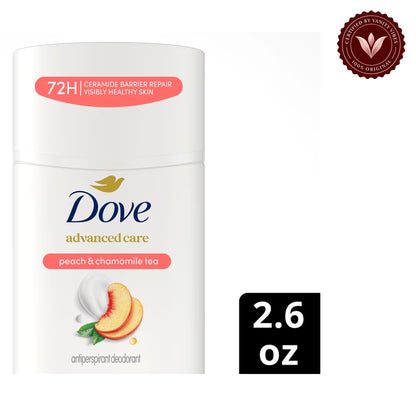 Dove Advanced Care Peach & Chamomile Tea Antiperspirant Stick Deodorant 2.6Oz-(74g) — front view, white background
