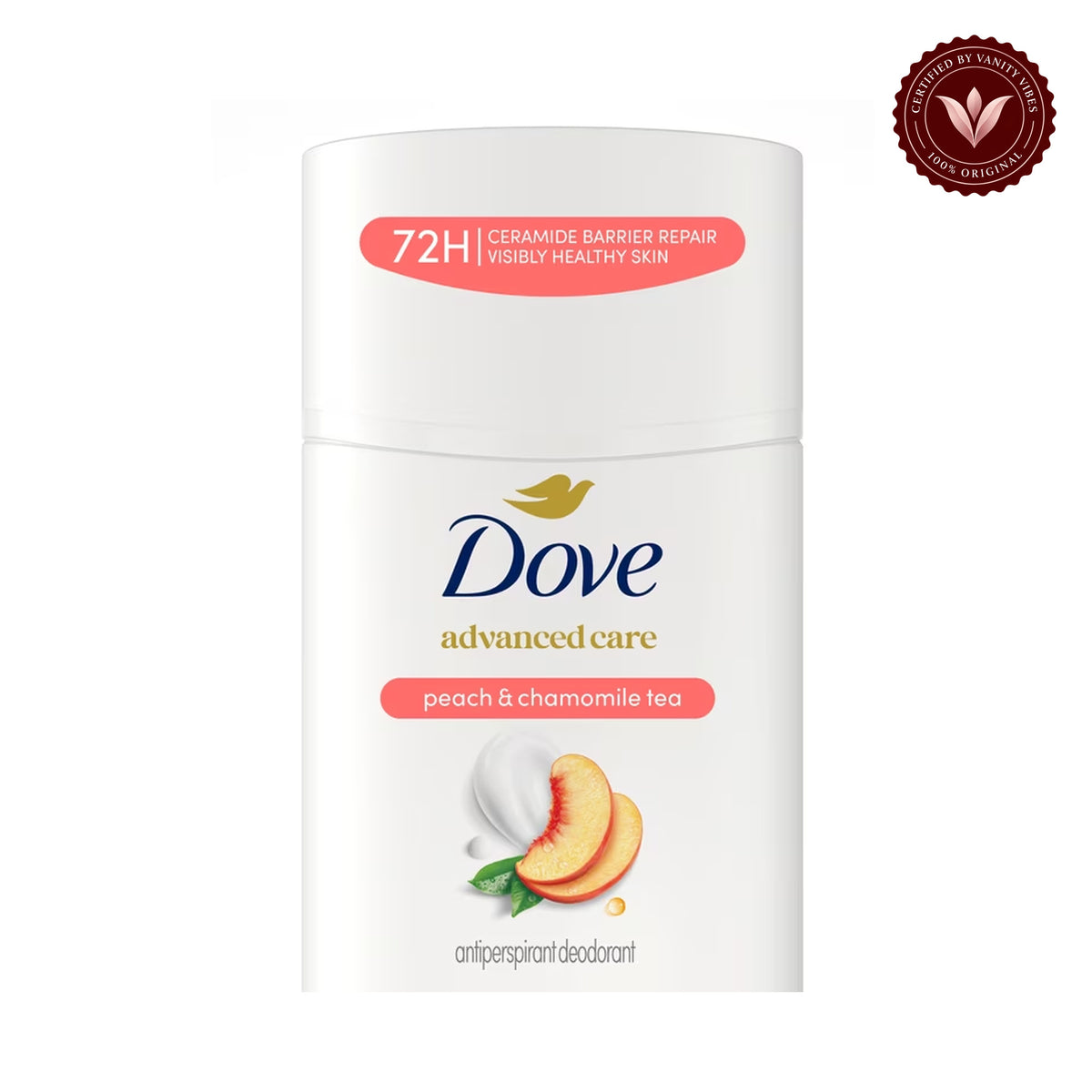 Dove Advanced Care Peach & Chamomile Tea Antiperspirant Stick Deodorant 2.6Oz-(74g) — alternate product view, centered on white background