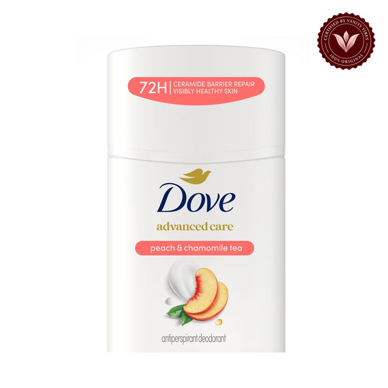 Dove Advanced Care Peach & Chamomile Tea Antiperspirant Stick Deodorant 2.6Oz-(74g) — alternate product view, centered on white background